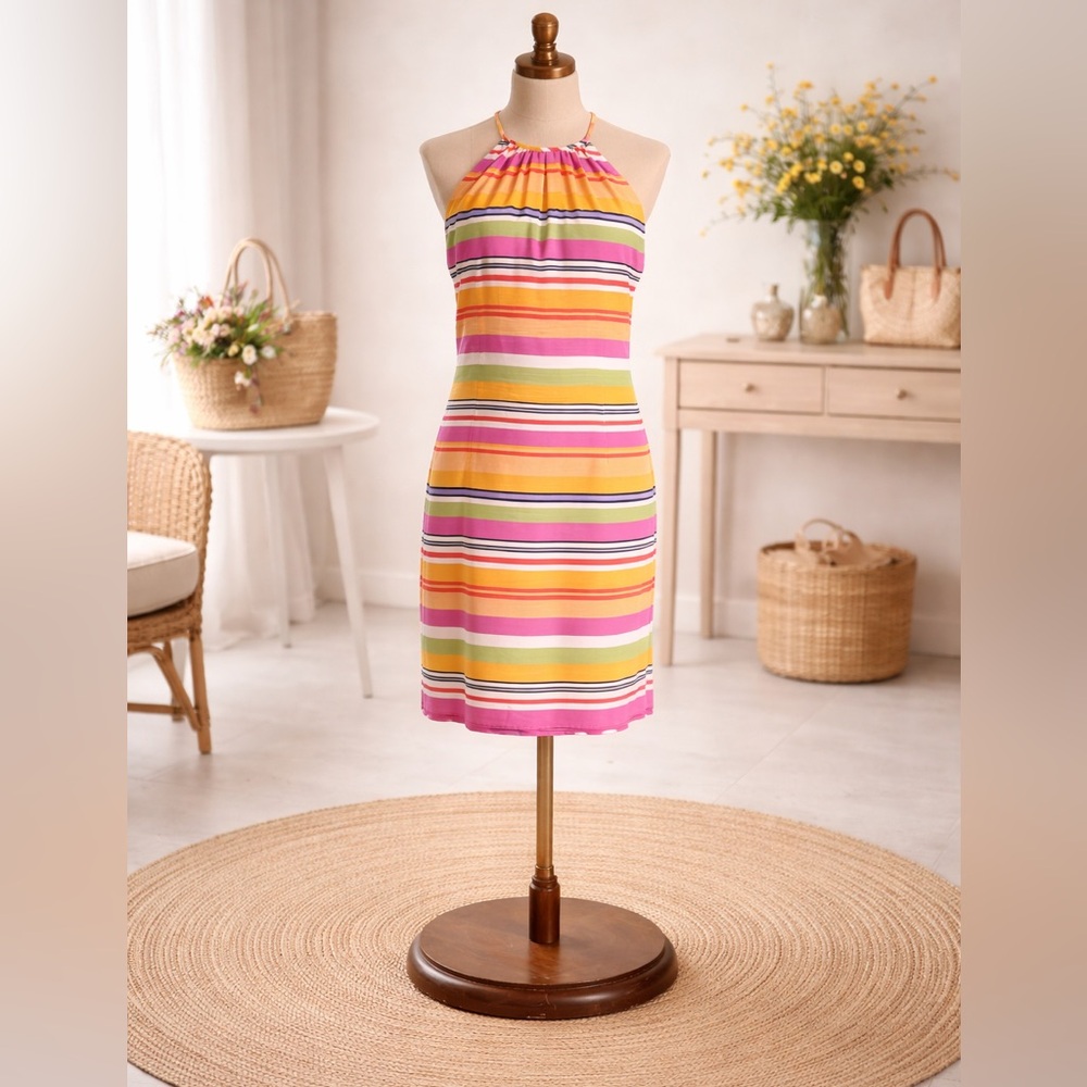 Elizabeth Scott Silk Stripe Halter Dress Size 12